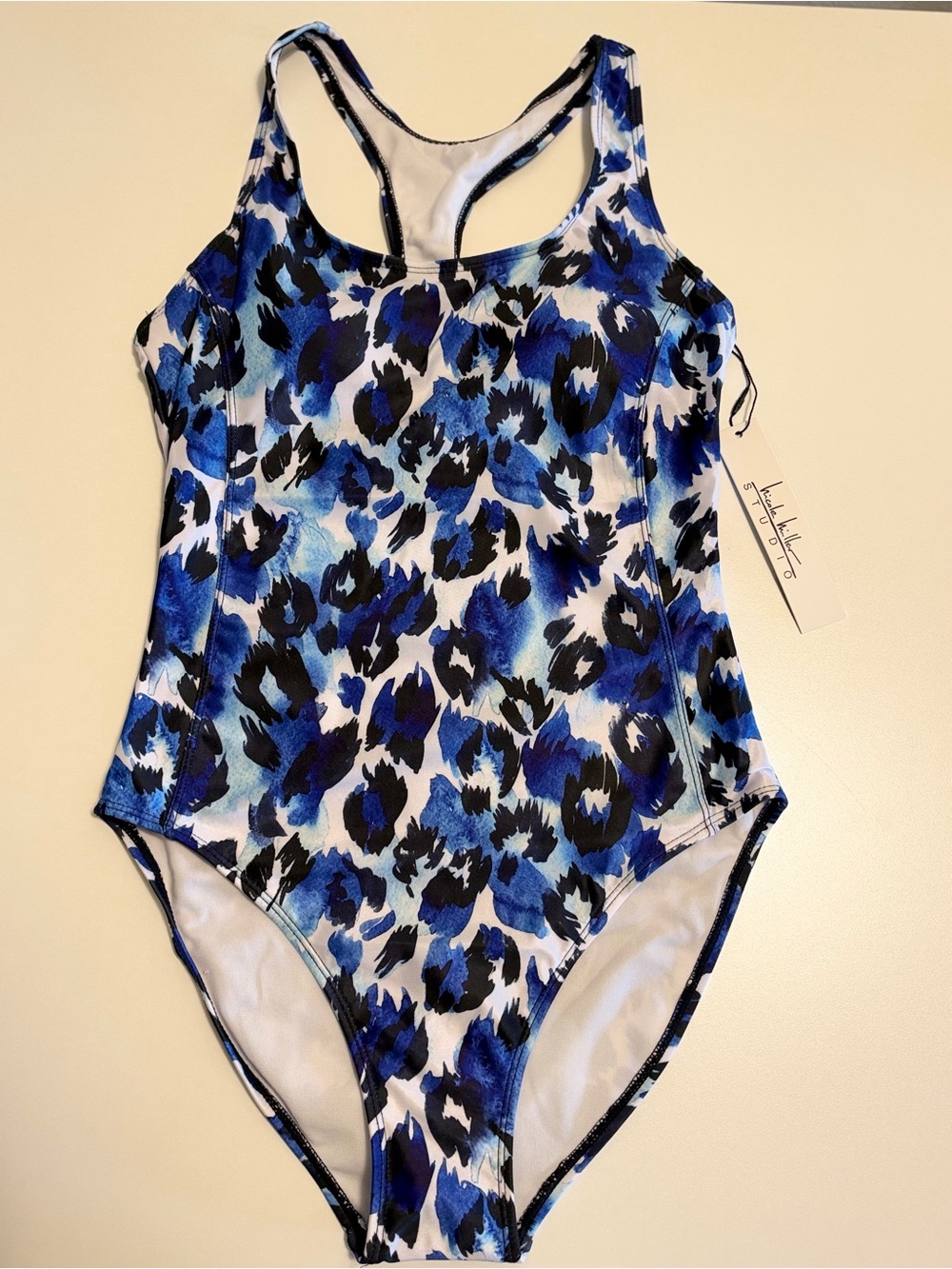 Nicole Miller Studio NWT Blue Watercolor Leopard Racerback One Piece Swimsuit M
